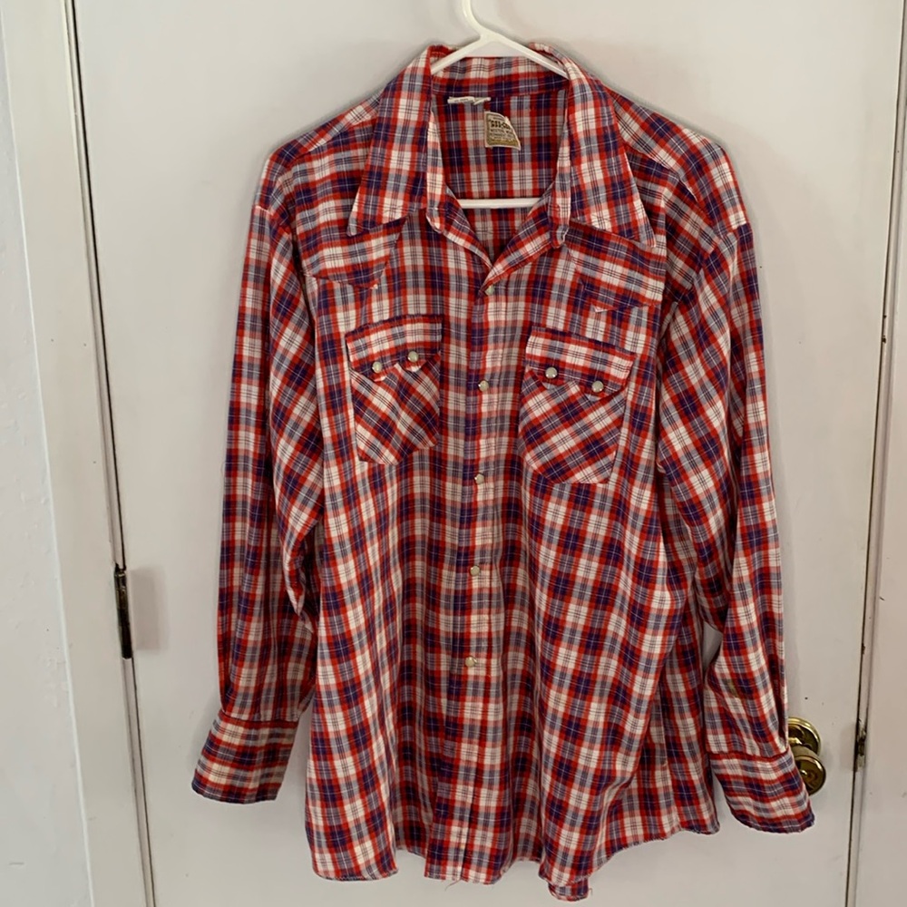 Vintage Dee Cee red white blue plaid long sleeve western shirt Size 18/34